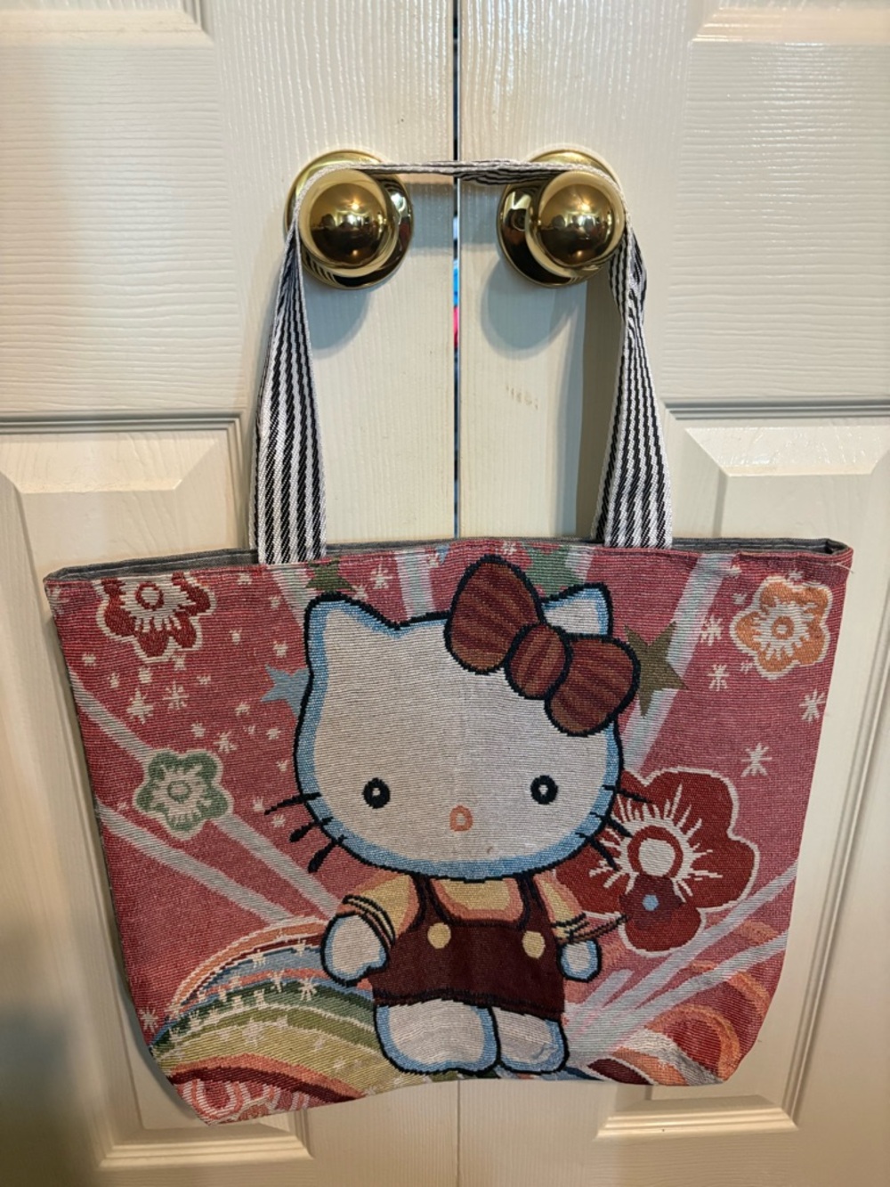 Hello Kitty Pink and Brown Embrodiered Tote with Multicolor Accents
